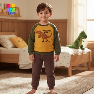 KiddeeCrew ชุดนอนเด็ก เหลืองแขนเขียวไดโนเสาร์กางเกงน้ำตาล ผ้…