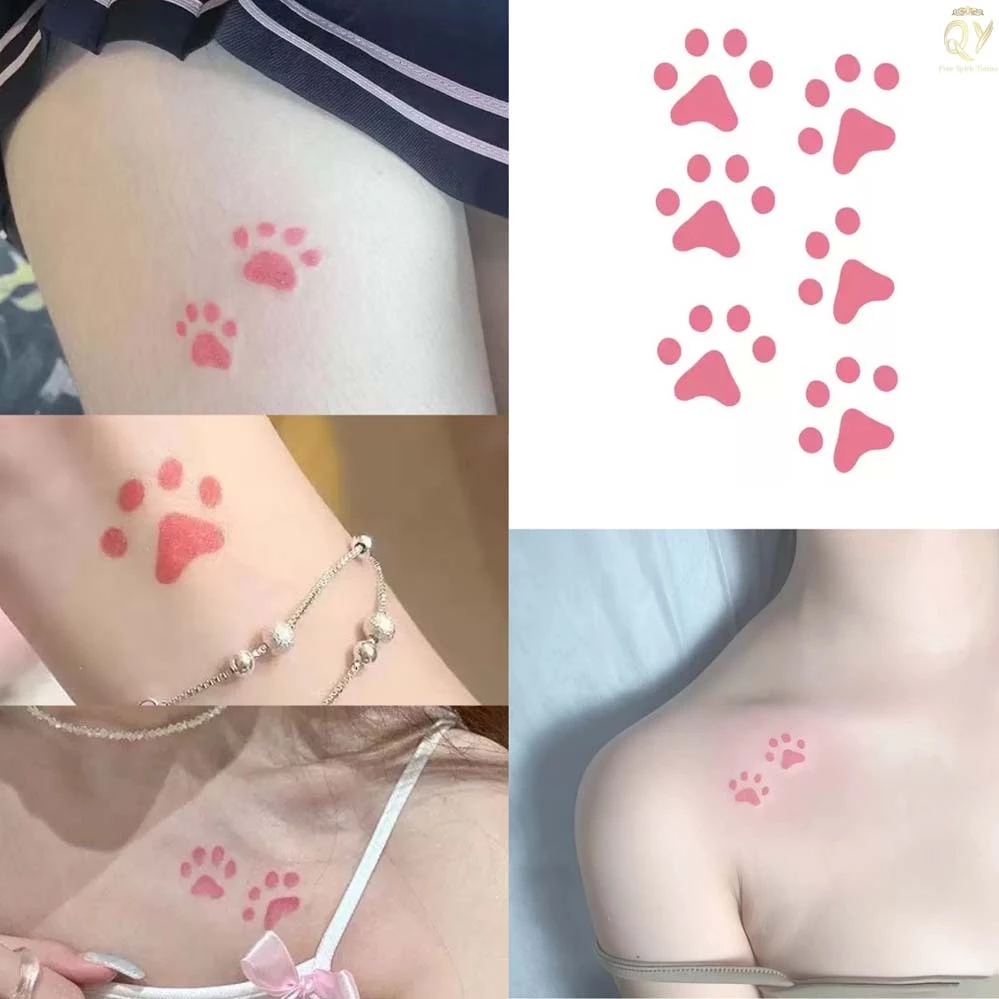 คริสต์มาส แทททู กันน้ำ สติ๊กเกอร์รอยสักชั่วคราวสีชมพู อุ้งเท้าแมวลูกสุนัข ติดทน tattoo Christmas
