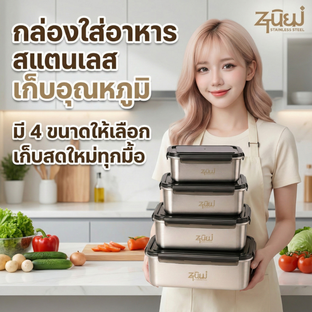 กล่องใส่อาหารสแตนเลส 304 กล่องเก็บอุณหภูมิถนอมอาหาร เหมาะสำหรับใส่ของแห้งของสด เก็บอุณหภูมิร้อน-เย็น