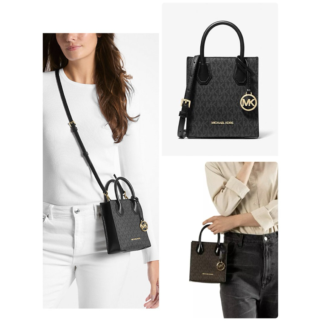 กระเป๋าสะพายข้าง ลสยmk สีดำ 6 นิ้ว Michael Kors Mercer Extra-Small Logo Crossbody Bag สีเทา-ดำ อะไหล
