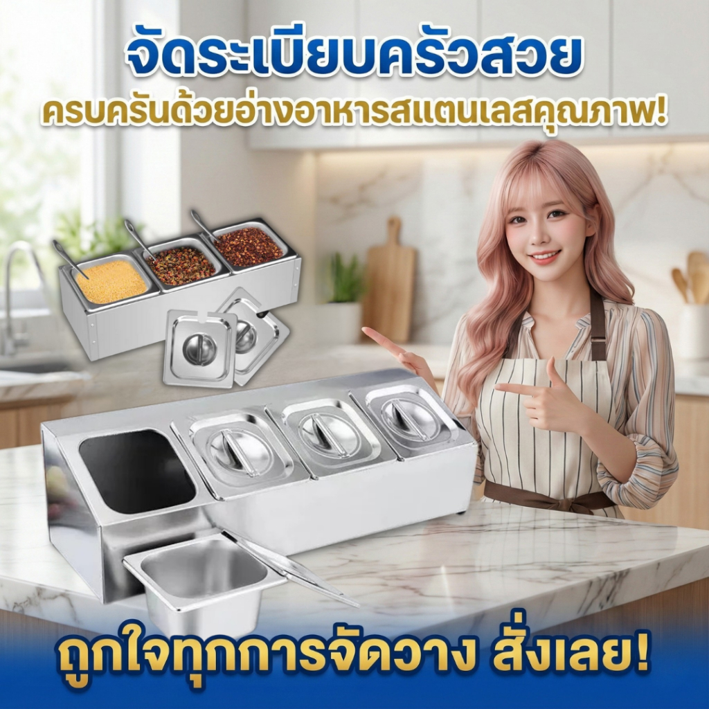 อ่างอาหาร 1/6 ทรงลึก 10ซม. พร้อมโครงกะบะ+ฝาปิด สแตนเลสแท้หนาพิเศษ มีให้เลือก 1แถว3/4/5ช่อง 2แถว4ช่อง