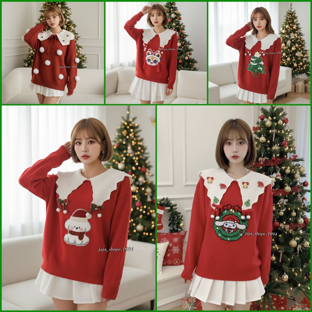 เสื้อไหมพรมสีแดง (เสื้อคริสต์มาส) แขนยาวแฟชั่นกันหนาว