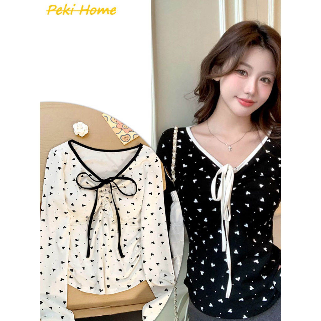 เสื้อยืดแขนยาวคอวีดีไซน์สองสี ใส่แล้วดูเพรียว