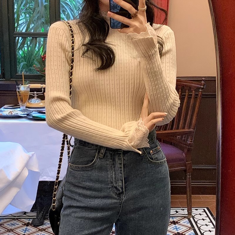 Gakki เสื้อสเวตเตอร์แขนยาวคอสูงขอบลูกไม้กันหนาวผู้หญิง ผ้านิ่มทรงหนาเข้ารูปใส่สบาย ฟรีไซส์ พร้อมส่ง 1703#