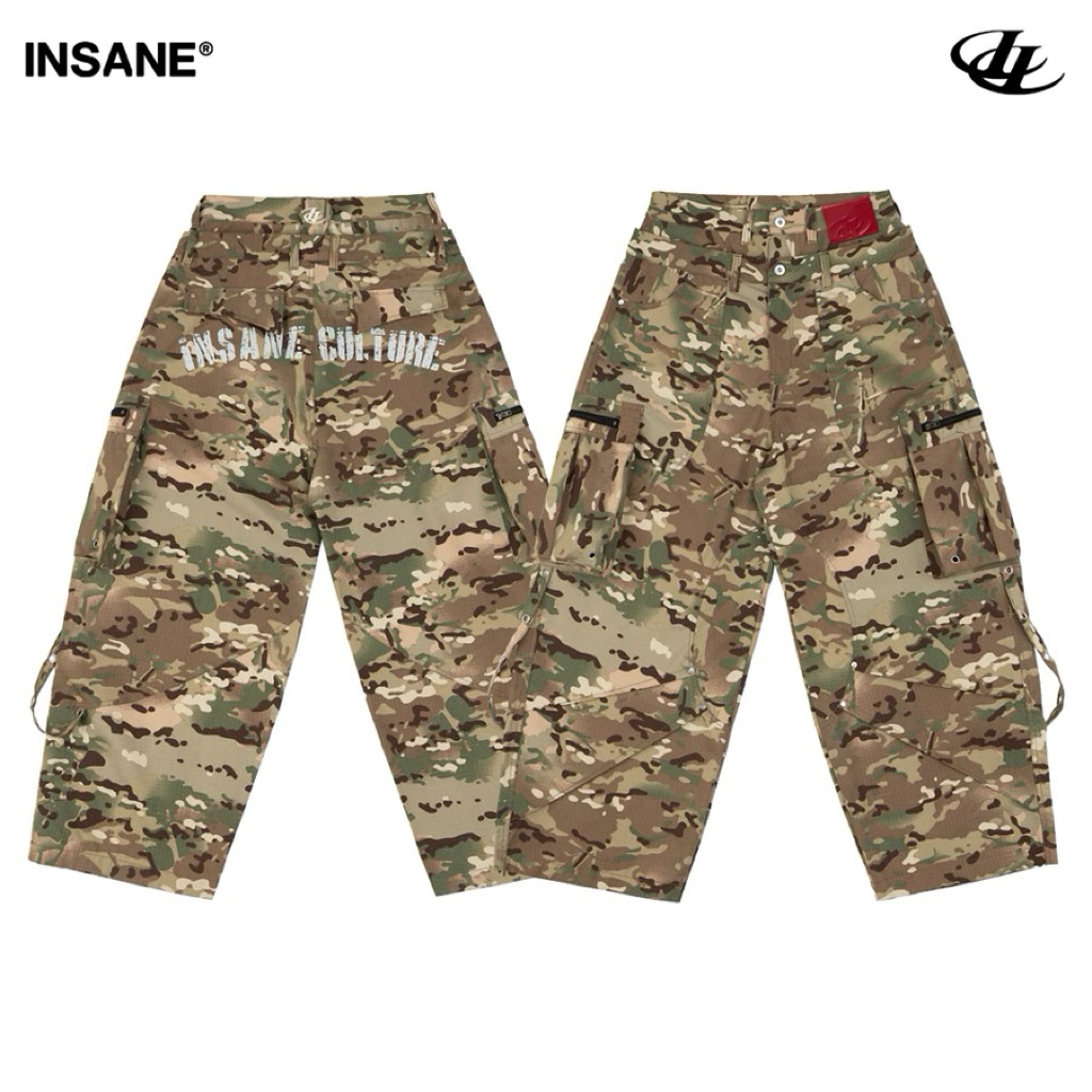 Pre-order (14-20days) แบรนด์เวียดนาม 🇻🇳Insane® | COMBAT WAVE CAMO PANTS Baggy Fit Unisex Plaid Khaki Fabric Imported🤎