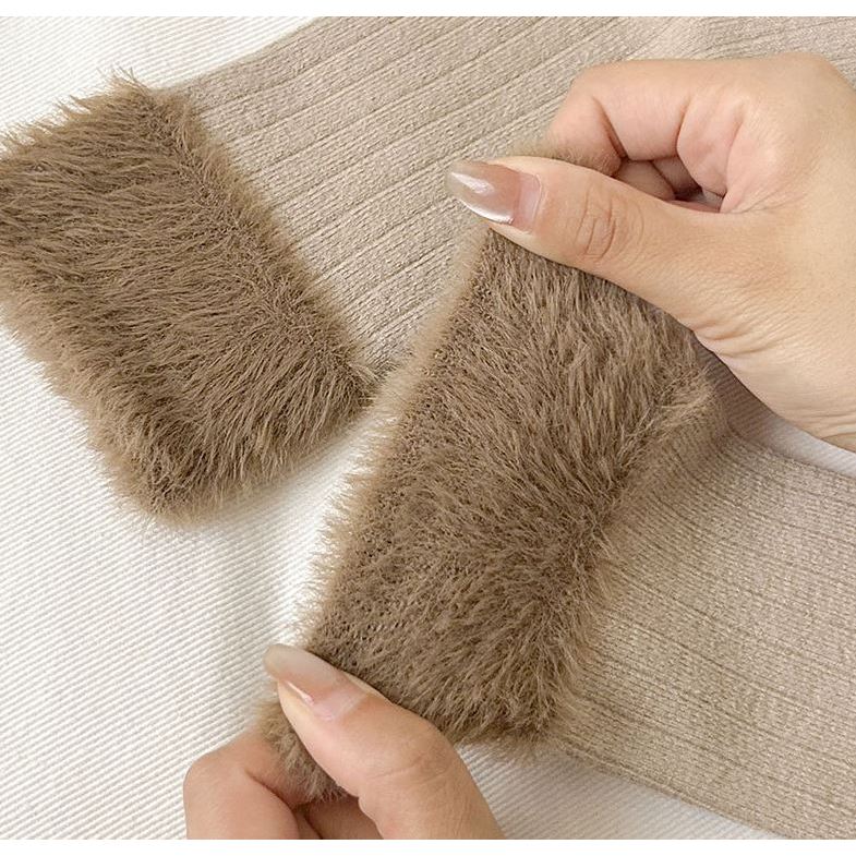 ถุงเท้าขนมิงค์ทูโทนสไตล์วินเทจ สำหรับฤดูใบไม้ร่วงและฤดูหนาว เสริมความหนาด้วยปลายแขนผ้า - รูปที่ 6