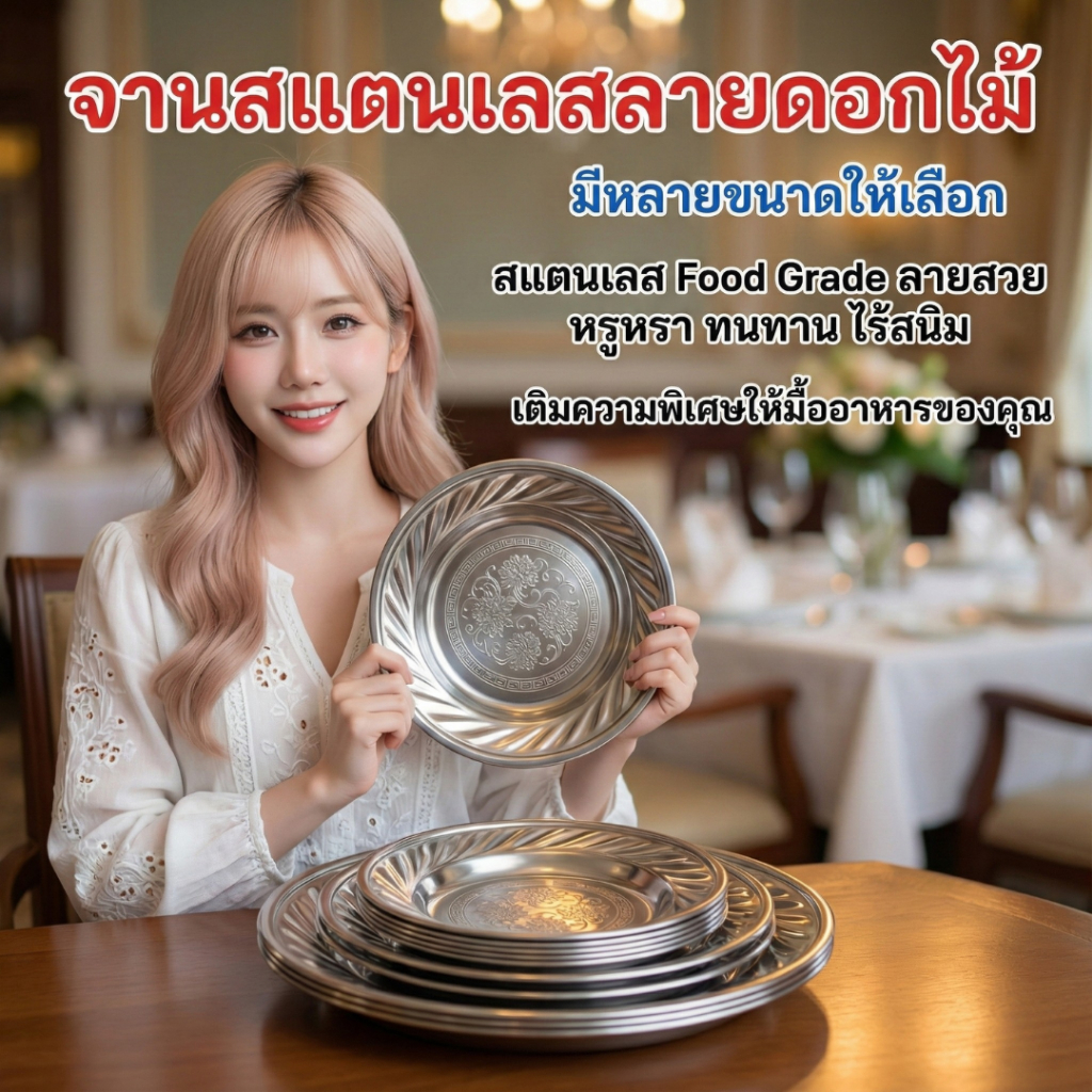 จานกลมสแตนเลส ลายดอกไม้ ขนาด18/20/22/24/26/28ซม. แข็งแรง ทนทาน ไม่เป็นสนิม ใช้ได้ทั้งร้านอาหาร งานบุญ งานเลี้ยง พร้อมส่ง
