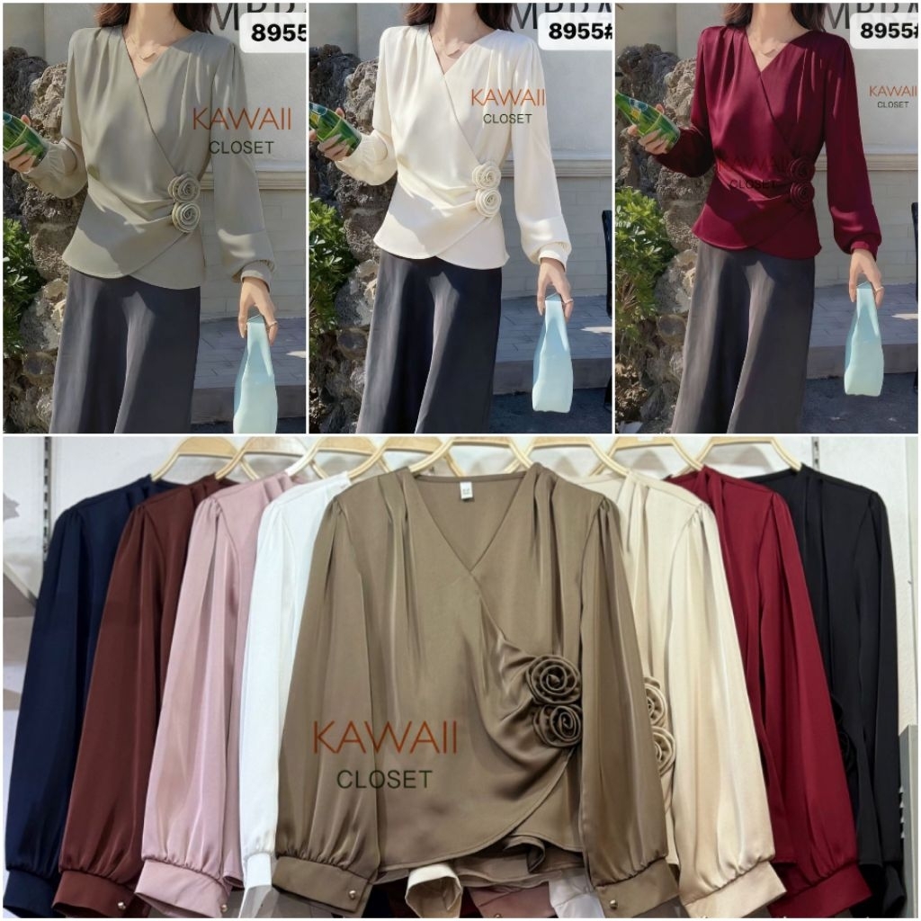 เสื้อแขนยาว ผ้าซาตินเนื้อมันลื่น คอวี ติดดอกไม้ข้างเอว งานสวยคุณภาพดี Satin Blouse Size 40" สาวออฟฟิส ชุดทำงาน