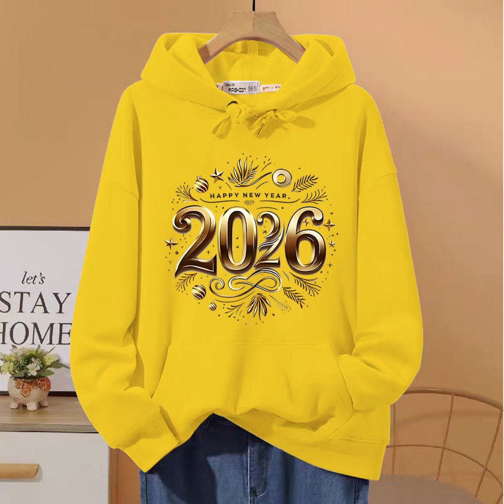 BK-1443-LONG เสื่อแขนยาวมีฮู้ด มีไซส์ S ถึง 3XL มีสีสวยๆให้เลือก เสื้อฮู้ดแขนยาวแฟชั่นลายHappy new year 2026