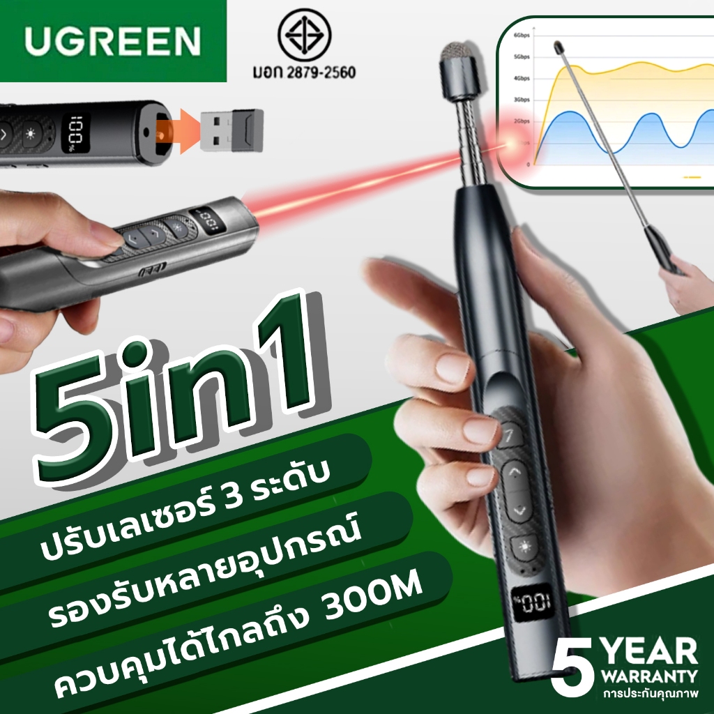 【 แส้ 5 ใน 1 】เลเซอร์ปากกาพลิก Wireless Presenter PPT Laser Pen Telescopic สแตนด์บายได้ยาวนาน เสียบใช้ทันที พอร์ต USB