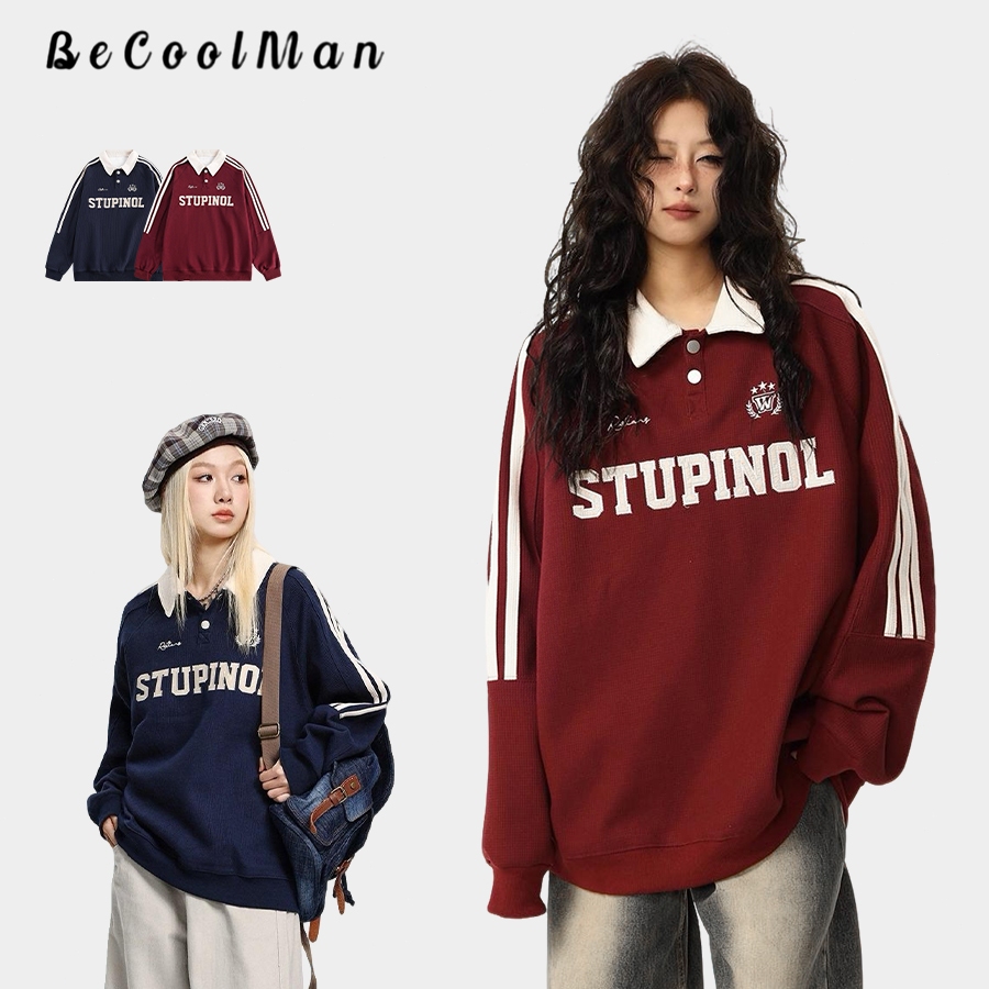 💥BecoolMan💥สไตล์อเมริกันวินเทจ เสื้อโปโลแขนยาว แบบหลวม ผ้าวาฟเฟิลด์ ใส่ได้ทั้งชายและหญิง ปกพับ คลาสสิกแมทช์ลุคง่าย
