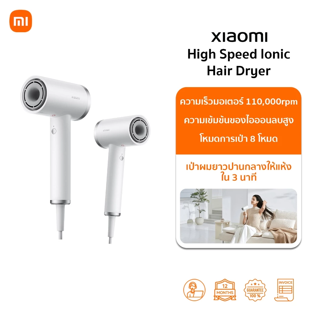 Xiaomi High Speed Ionic Hair Dryer ไดร์เป่าผมไฟฟ้า ไดร์เป่าผมไอออน แบบพกพา|แห้งเร็วภายในสามนาที|กำลังไฟ 1,600W