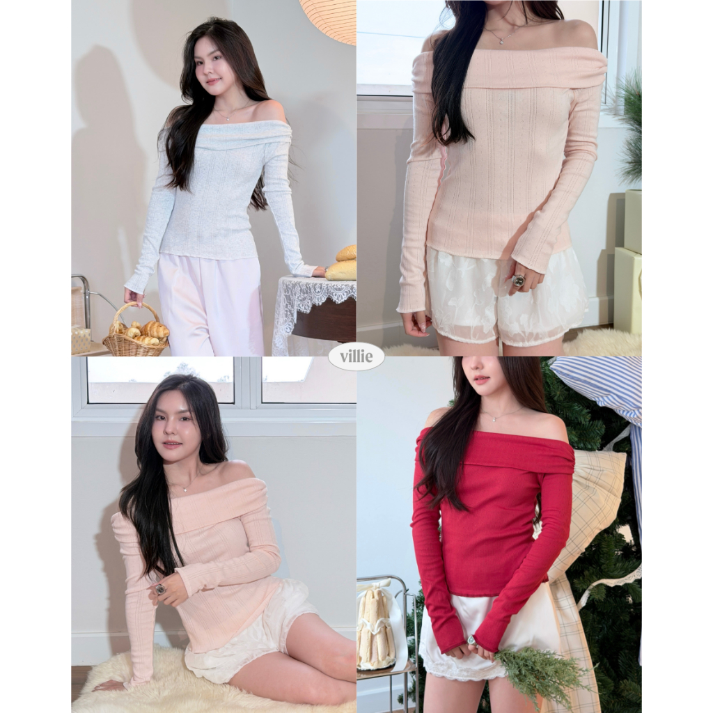 villie Fondue Top เสื้อปาดไหล่แขนยาวผ้าpointelle