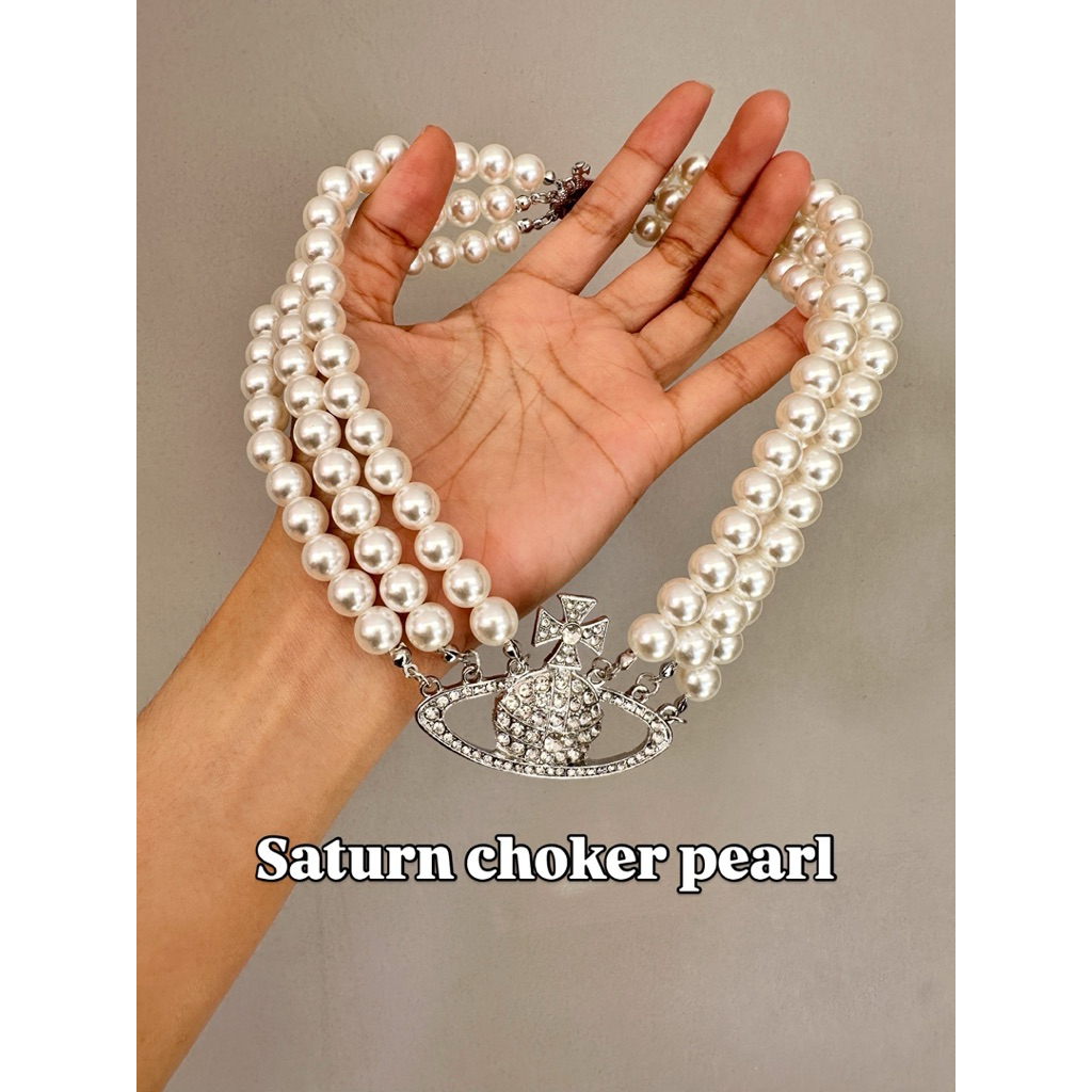 ส่งจากไทย🇹🇭🎉สร้อยคอแฟชั่น chocker สไตล์ วิเวียนเวสวูด ประดับมุก 3 ชั้น จี้ประดับเพชรเทียม