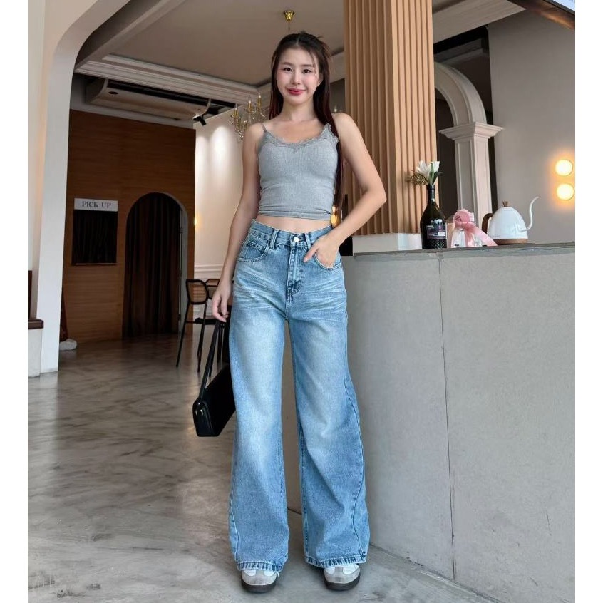 (ส่งต่อของใหม่โละสตอค) กางเกงยีนส์เอวสูงขายาว ทรง Baggy ทรงลิซ่า กระบอกใหญ่ ใส่ได้ทุกลุค Belin Star 