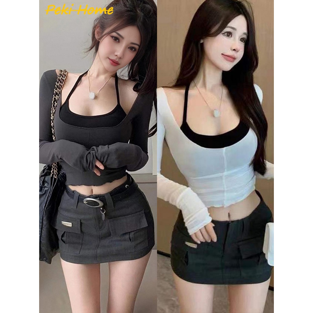 พร้อมส่ง เสื้อครอป เสื้อกล้ามเอวลอย 2ชิ้น สไตล์เกาหลี