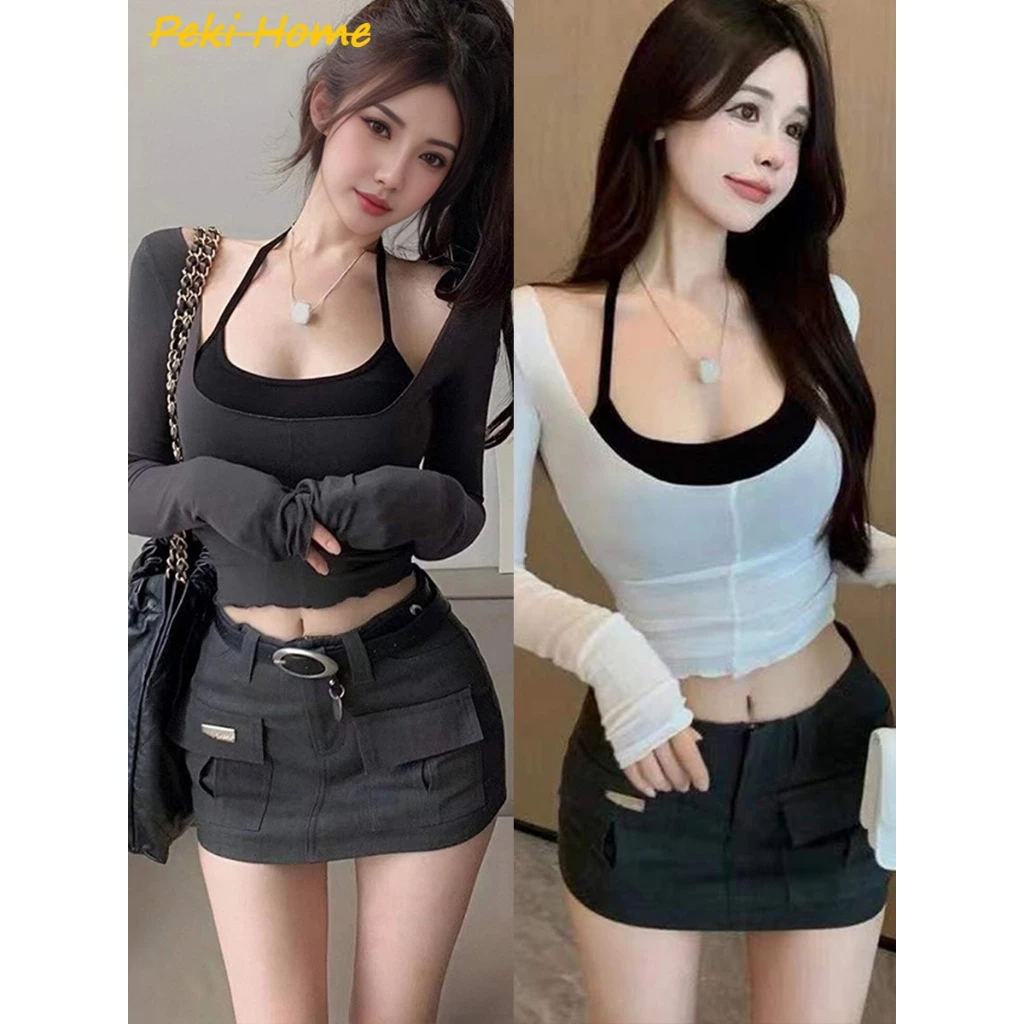 พร้อมส่ง เสื้อครอป เสื้อกล้ามเอวลอย 2ชิ้น สไตล์เกาหลี