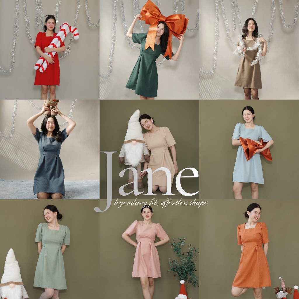JANE DRESS ♡︎ 9 สี สินค้าขายดีมาก เดรสเอวสับในตำนาน ใส่แล้วผอมเพรียว คอเหลี่ยม ผ้าลูกฟูก