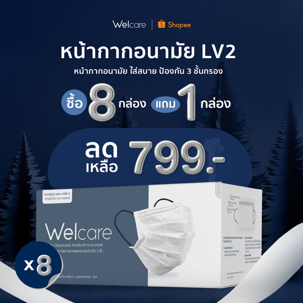 [เซตพิเศษ] หน้ากากอนามัย Welcare ทางการแพทย์ 3 ชั้น ระดับ 2 ช่วยป้องกันฝุ่น PM2.5 x8 กล่อง ฟรี 1 กล่อง (สีขาว)