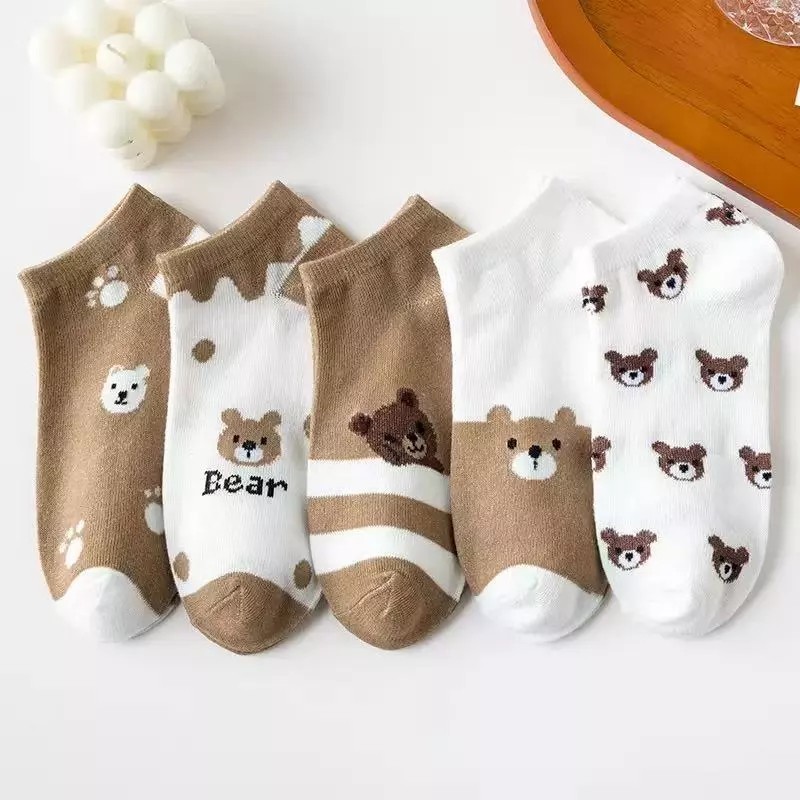 NP-1025 แพ็ค5คู่ พร้อมส่ง ถุงเท้าข้อสั้น สไตล์น่ารักๆลายหมีน้ำตาล 🐻 P