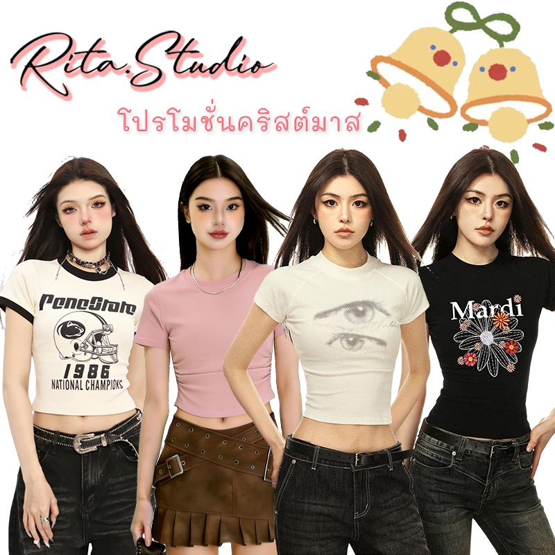 Rita พร้อมส่ง🎄เสื้อยืดแขนสั้น โปรโมชั่นคริสต์มาส เสื้อหลัก10 เสื้อรัดรูป คอกลม ทรงเอวลอย เสื้อครอปแฟชั่นผู้หญิง น่ารัก