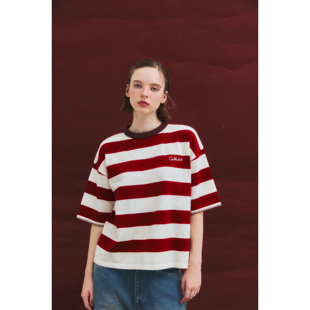 Popeye Over Tee เสื้อนิตลายทางทรงโอเวอร์ไซส์ มีดีเทลถักปลายแขน