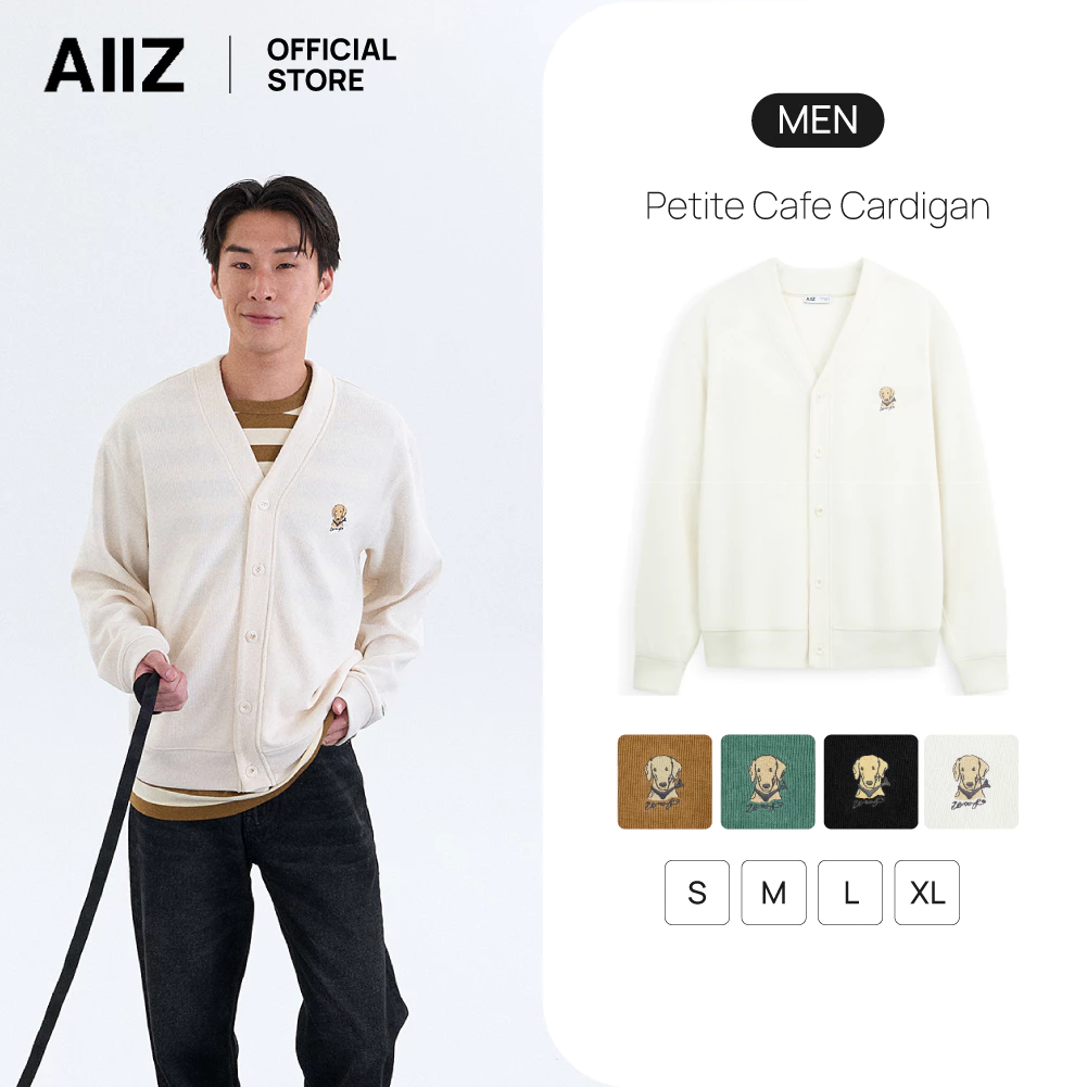 AIIZ เสื้อคาร์ดิแกนคอวีผู้ชายปักลายกราฟิก Men’s Petite Cafe Cardigan