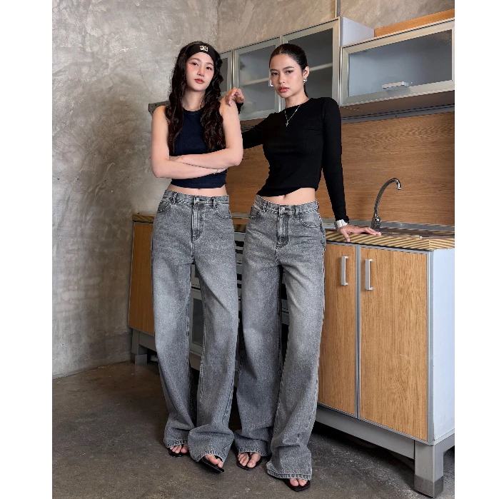 ยีนส์ Nammon Jeans BA04 กางเกงยีนส์กระบอกใหญ่เทาฟอก (Monster) - ผ้าไม่ยืด