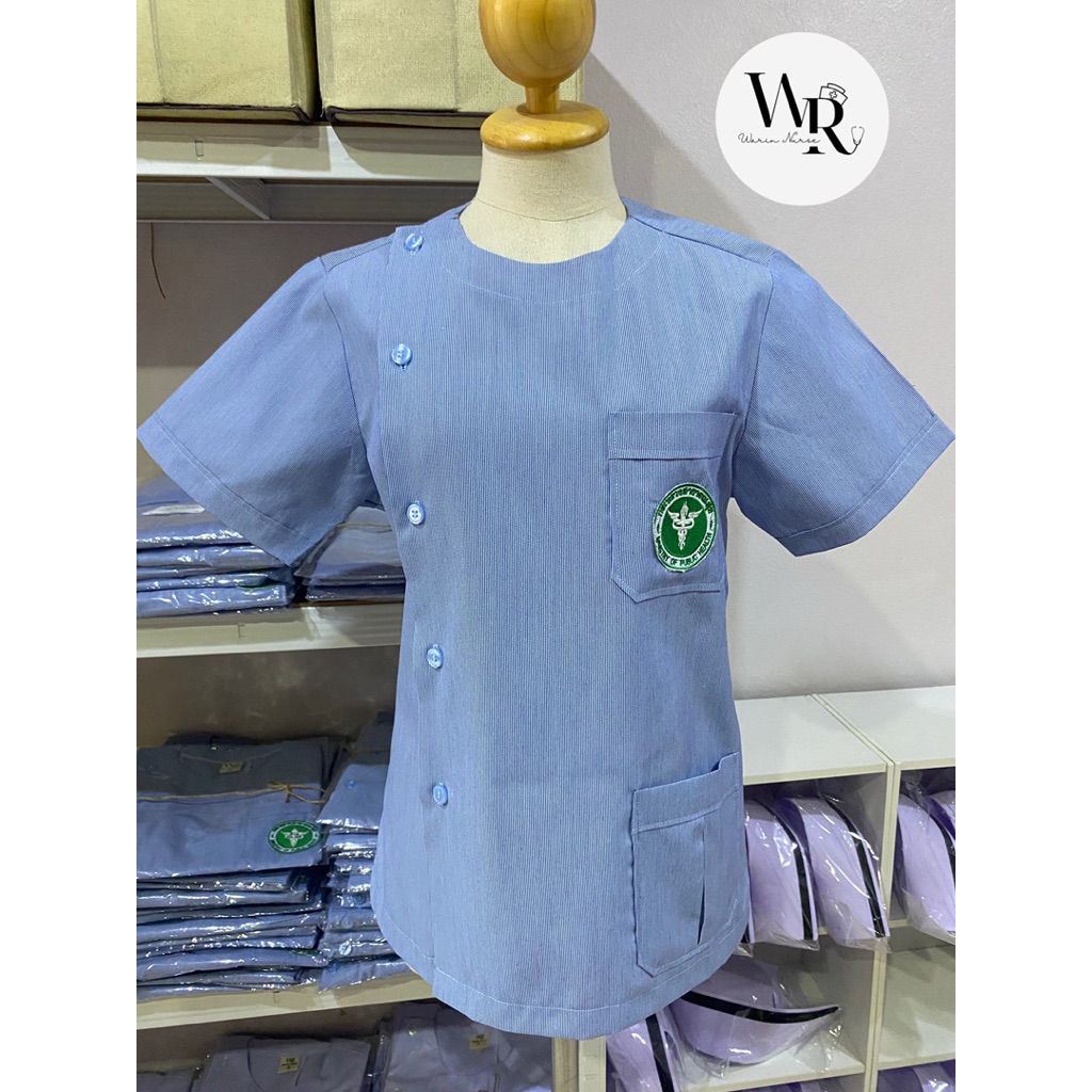 เสื้อสาธารณสุขริ้วฟ้าคอกลม(หญิง) ป้าย Warin Nurse