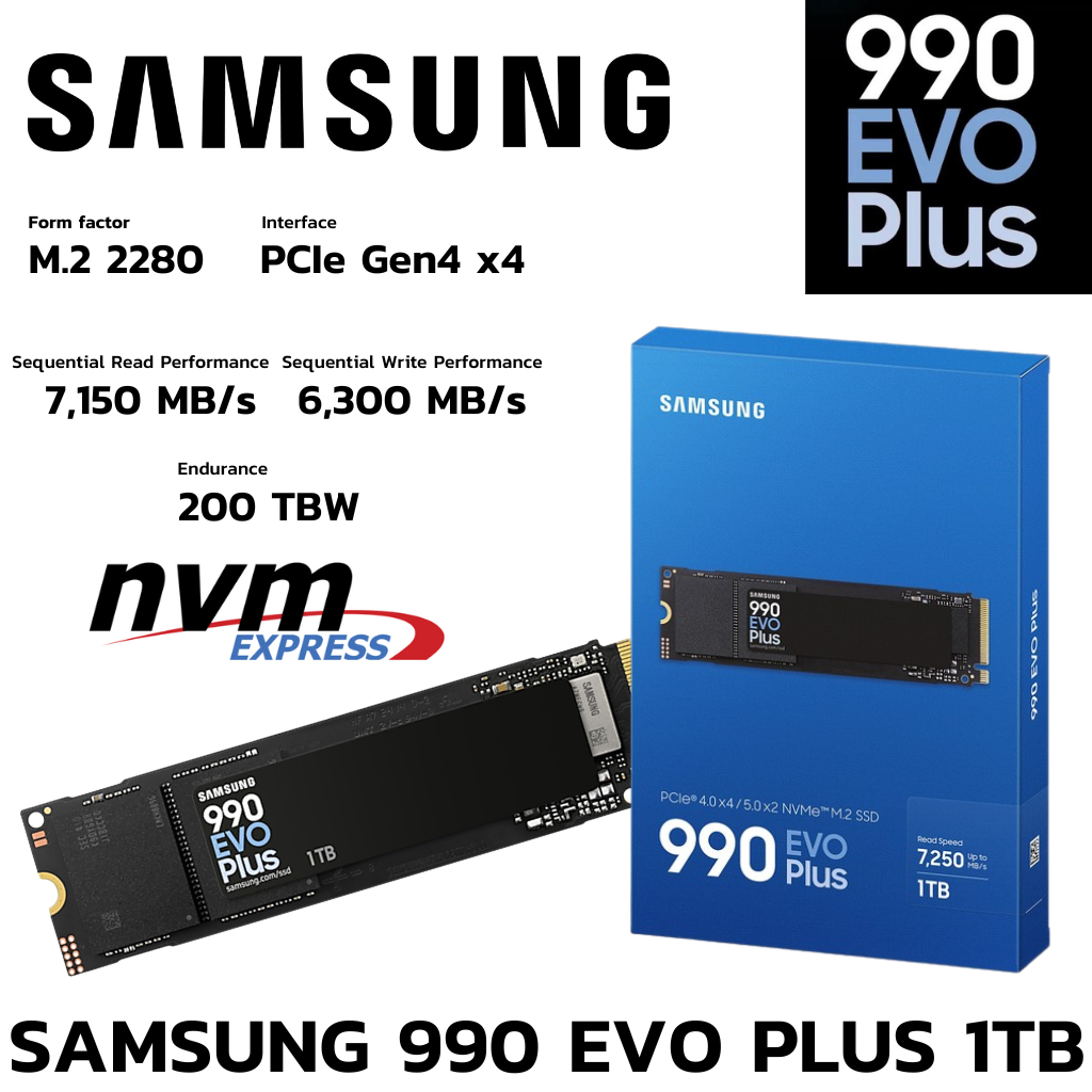M.2 1 TB SSD (เอสเอสดี) SAMSUNG 990 EVO PLUS - PCIe 4x4 / 5x2 NVMe M.2 2280 (MZ-V9S1T0BW)