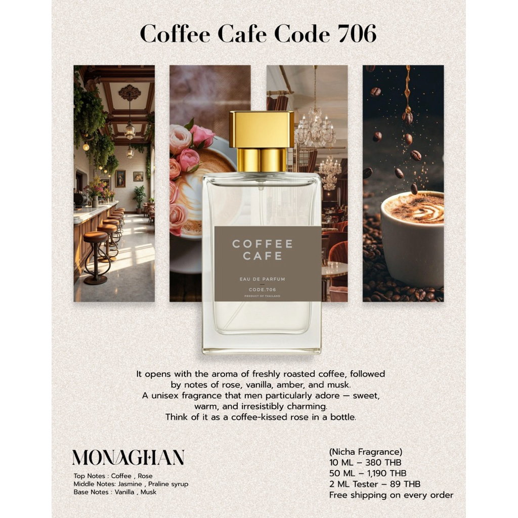 Coffee cafe Code 706 น้ำหอมunisex กลิ่นกาแฟฟิวๆ ขายดีที่สุด Monaghan Perfume โมนาฮันน้ำหอมนิชแบรนด์ไ