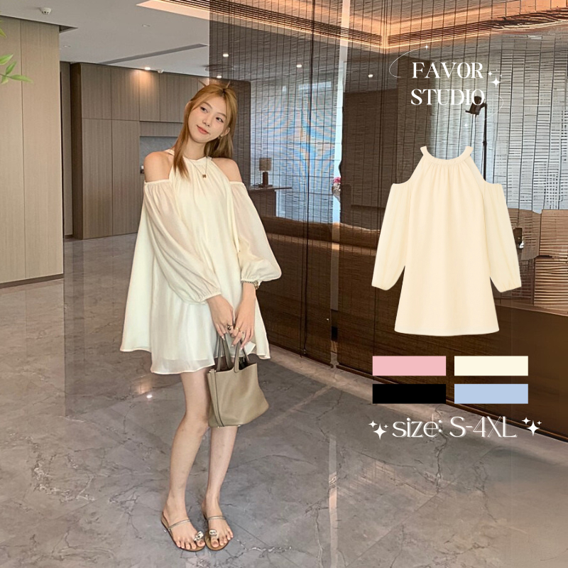 【S-5XL】🌺มินิเดรส สไตล์เกาหลี ดีไซน์พลิ้ว แขนซีทรู เปิดไหล่ ดีเทลโบว์หลังน่ารัก เดรสพลัสไซซ์ ใส่เดท