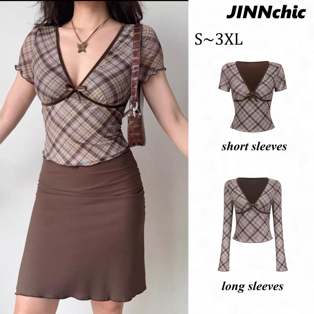 JINNCHIC เสื้อยืดคอวีลายตารางสั้น แฟชั่นฤดูร้อน ดีไซน์แขนระบาย ผ้าตาข่ายลายตาราง
