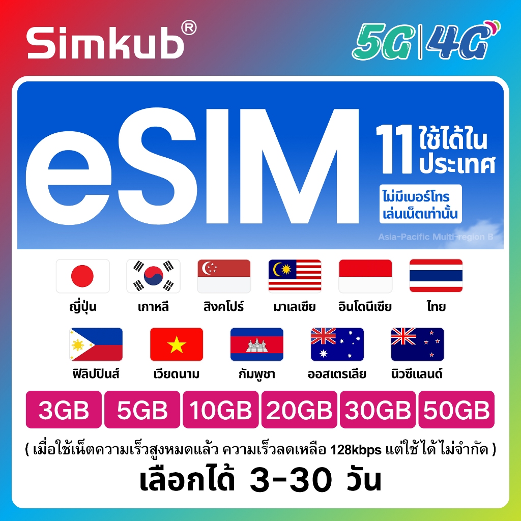eSIM Asia-Pacific B | 11 countries ใช้ได้ใน 11 ประเทศ ซิมท่องเที่ยว เน็ต 3-50GB รองรับ 5G/4G เลือกได
