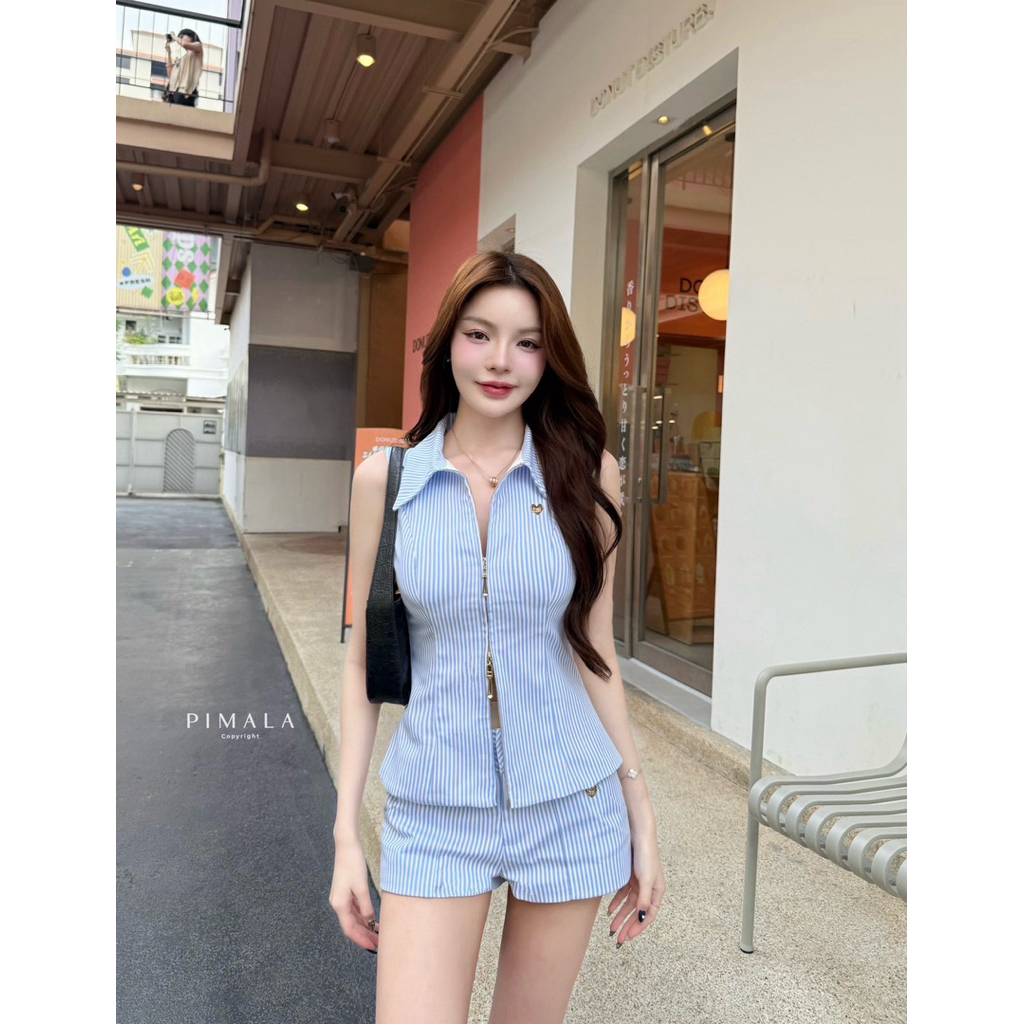 pimala เซ็ตเสื้อคอปกซิปรูดด้านหน้า เสื้อแมตช์รูดเปิดปิดใส่ตามความเก๋ของตัวเองได้เลยค้า มีกิมมิคหัวใจติและกางเกงน่ารัก