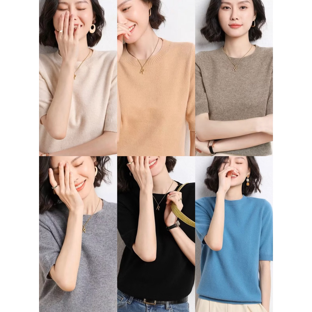 CHERISH ส่งด่วน (O: คอกลม)  เสื้อแขนสั้น ไหมพรม ผ้าบางนุ่ม คุณภาพดี คอกลม สีดำ แขนสั้น