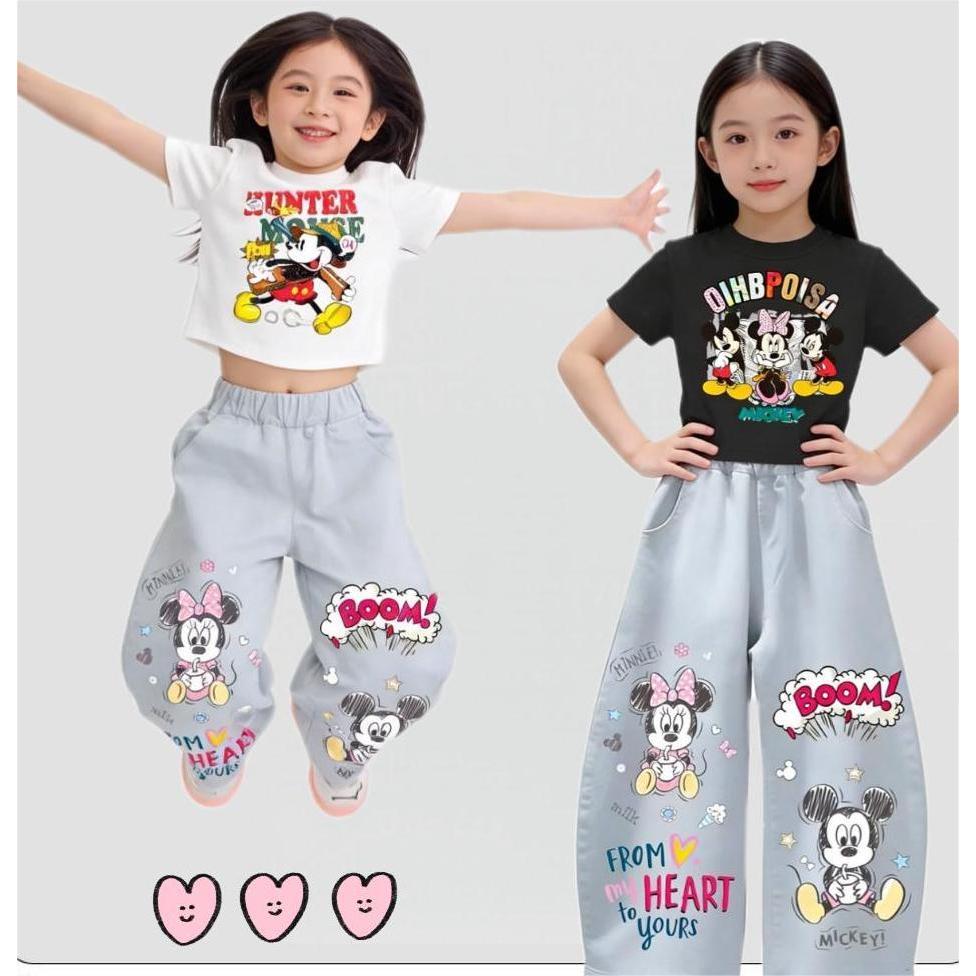 MC177 ชุดเด็กผู้หญิง ลายมิกกี้–มินนี่ เสื้อยืด+กางเกงยีนส์ขายาว น่ารักสดใส