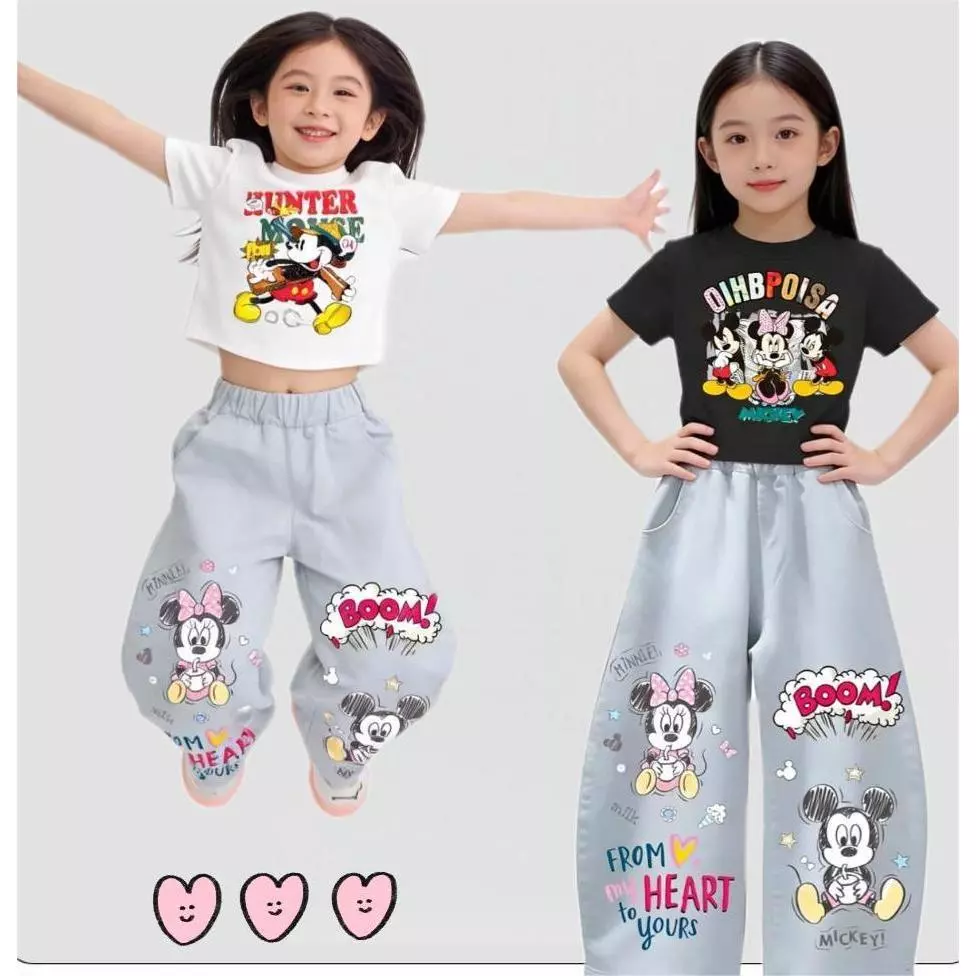 MC177 ชุดเด็กผู้หญิง ลายมิกกี้–มินนี่ เสื้อยืด+กางเกงยีนส์ขายาว น่ารักสดใส