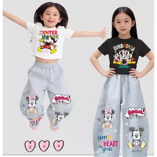 MC177 ชุดเด็กผู้หญิง ลายมิกกี้–มินนี่ เสื้อยืด+กางเกงยีนส์ขายาว น่ารักสดใส