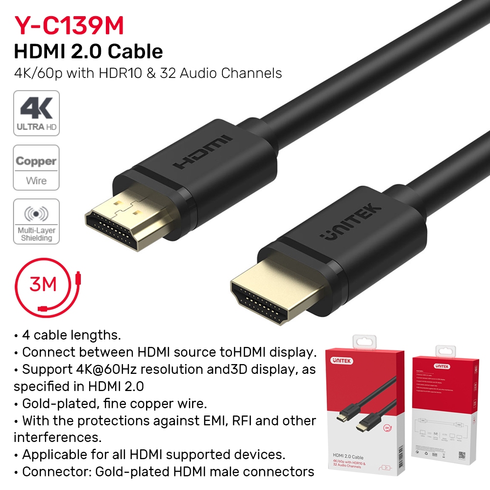 Unitek Cable HDMI V.2.0 4K 60Hz Ultra HD 10M/15M/20M ความละเอียดสูงและคมชัด ประกัน2ปี/สินค้าของแท้