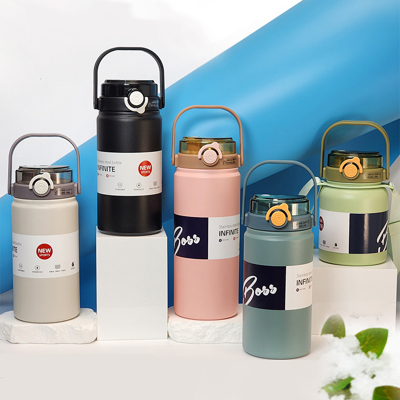 แก้วเก็บความเย็น 1000ML/1200ML ความจุขนาดใหญ่ ดีไซน์หรูหรา แก้วมีหลอดดูดคู่ สแตนเลส 316 ฝากันหก100%