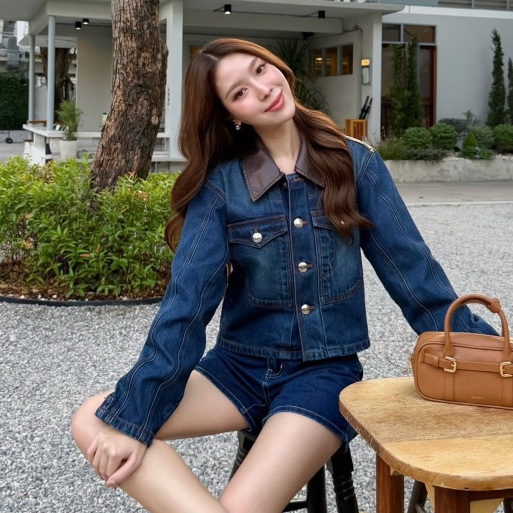 MOTTOM - GEORGIA Faux Leather Collar Denim Blouson Jacket