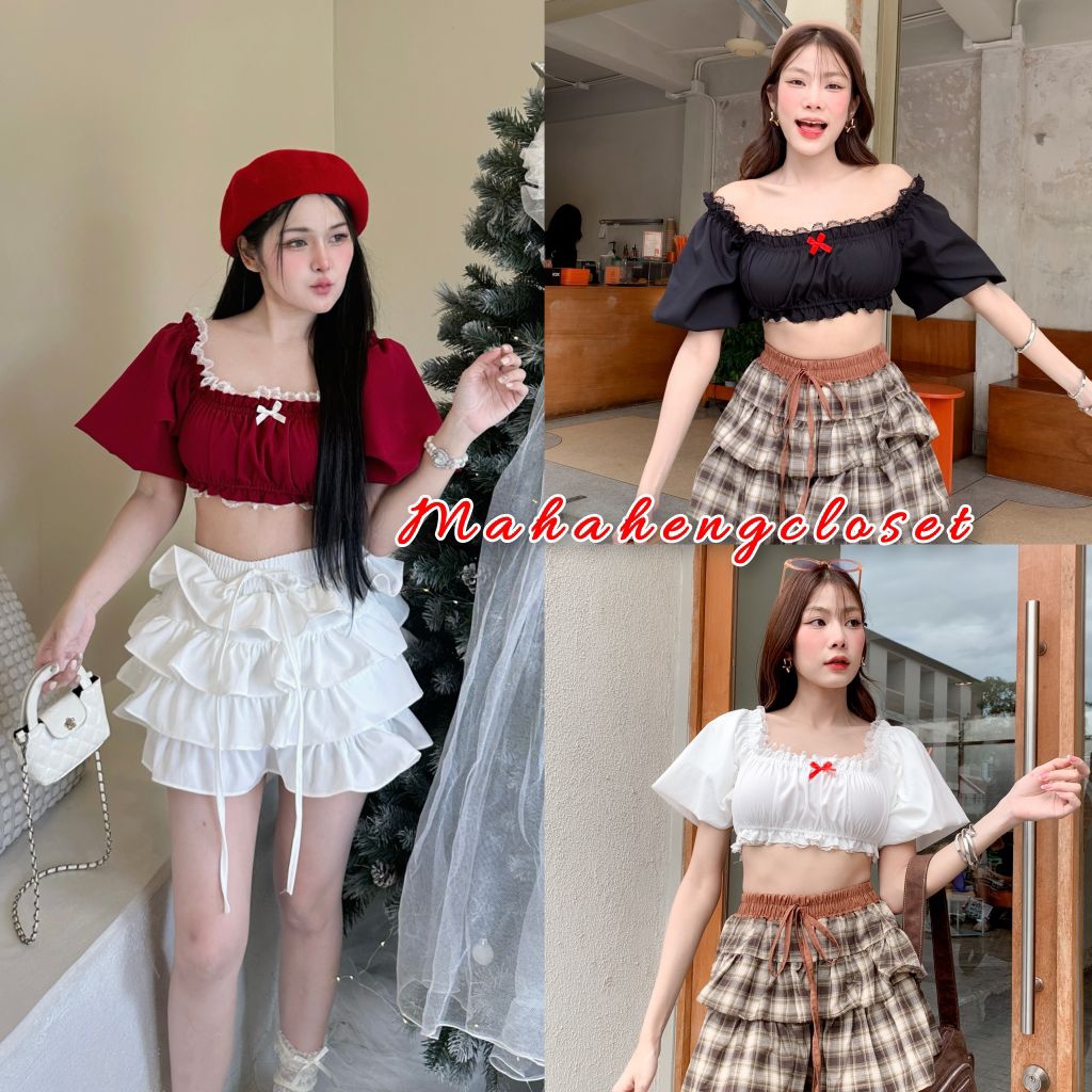 💰MahahengCloset💰เสื้อครอป สีพื้น แขนบอลลูน แต่งลูกไม้ ลุคน่ารักๆสไตล์สาวเกาหลี💕