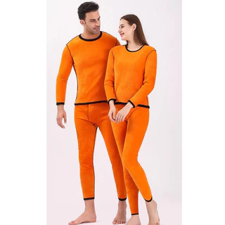 Plus size~Cold resistance -15℃ ชุดเสื้อผ้าชุดชั้นในกันหนาวสำหรับผู้ชายและผู้หญิง ชั้นฐานคอกลมกำมะหยี่หนา (เสื้อ+กางเกง)