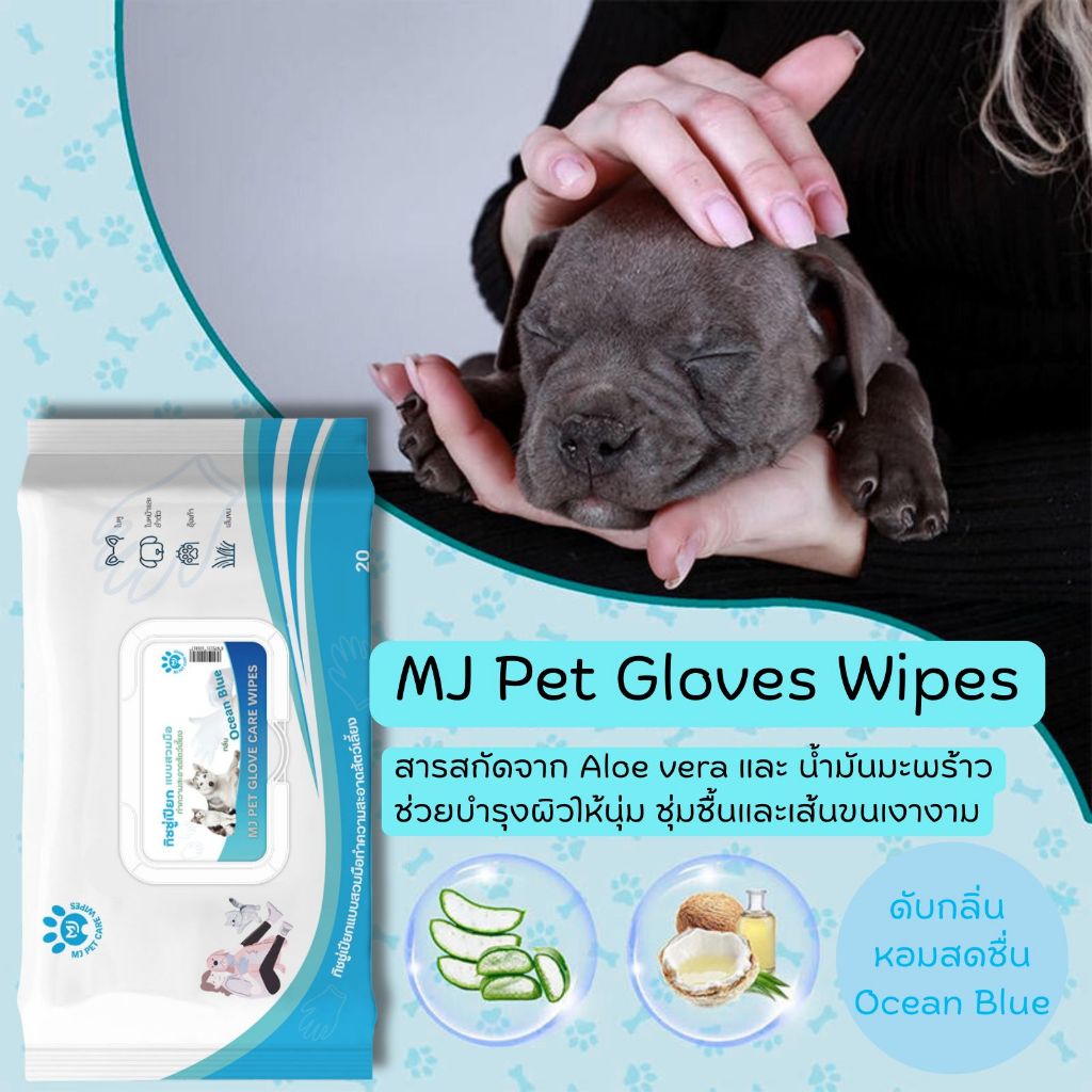 MJ Pet Glove Wipes 20 แผ่น ถุงมือเปียก ทิชชู่เปียกทำความสะอาดสัตว์เลี้ยง