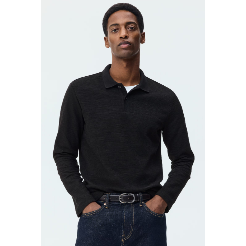 H&M(เอชแอนด์เอ็ม) เสื้อโปโลแขนยาวทรงสลิมฟิต Men Slim Fit Long-sleeve polo shirt 