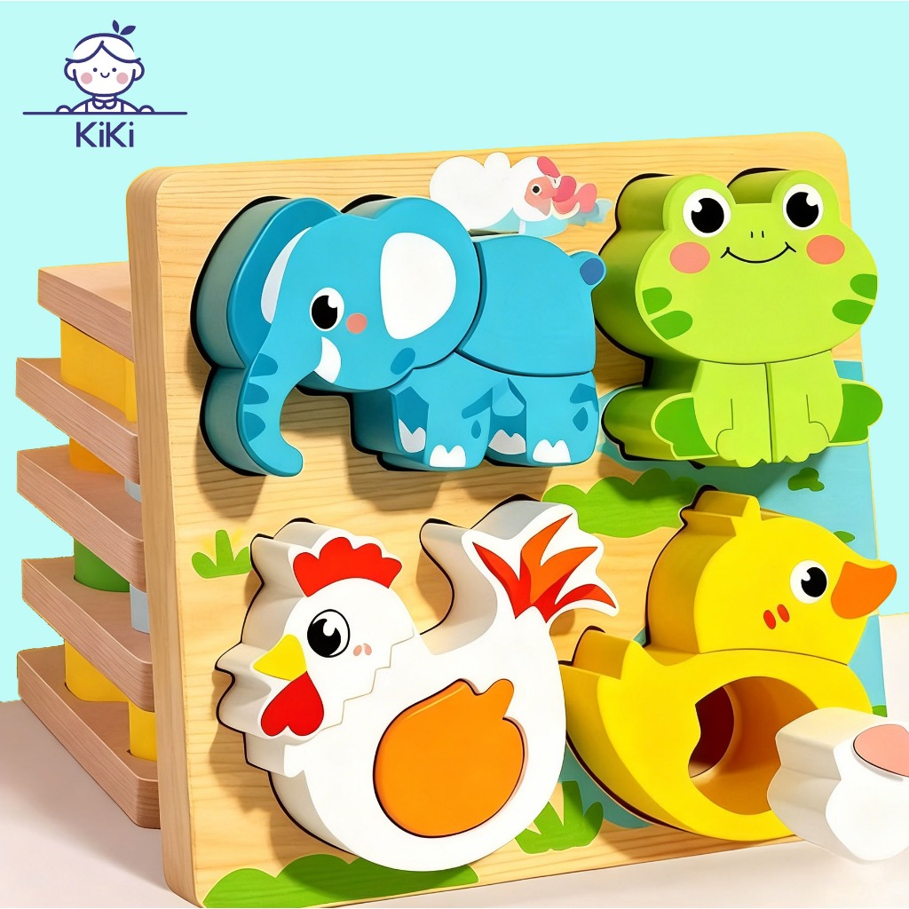 KiKi 4 in 1 ของเล่นจิ๊กซอว์ไม้รูปสัตว์ ของเล่นเสริมพัฒนาการสำหรับเด็กเล็ก ของขวัญสำหรับเด็กทั้งชายและหญิง