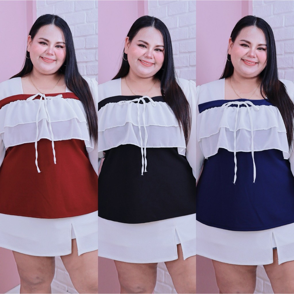 [ ส่งฟรี 🔥 ] A348 เสื้อคอเหลี่ยมแขนยาวระบายแต่งชีฟอง (อก : 44-60“)