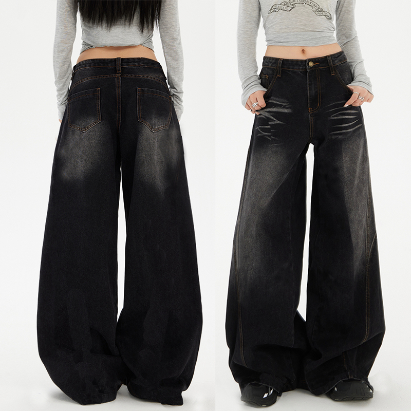 S-5XL กางเกงยีนส์วินเทจ สีดำ ทรงตรง | Vintage Black Jeans for Women สบายๆ ใส่ได้ทุกวัน
