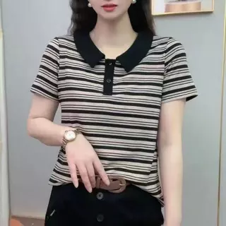 เสื้อยืดแขนสั้นตัวใหม่ฤดูร้อนสุดหรู เสื้อยืดแขนสั้น เสื้อกันหนาวลายทาง เสื้อยืดคอเต่าลายทาง เสื้อยืดแขนสั้นลายทาง เสื้อย